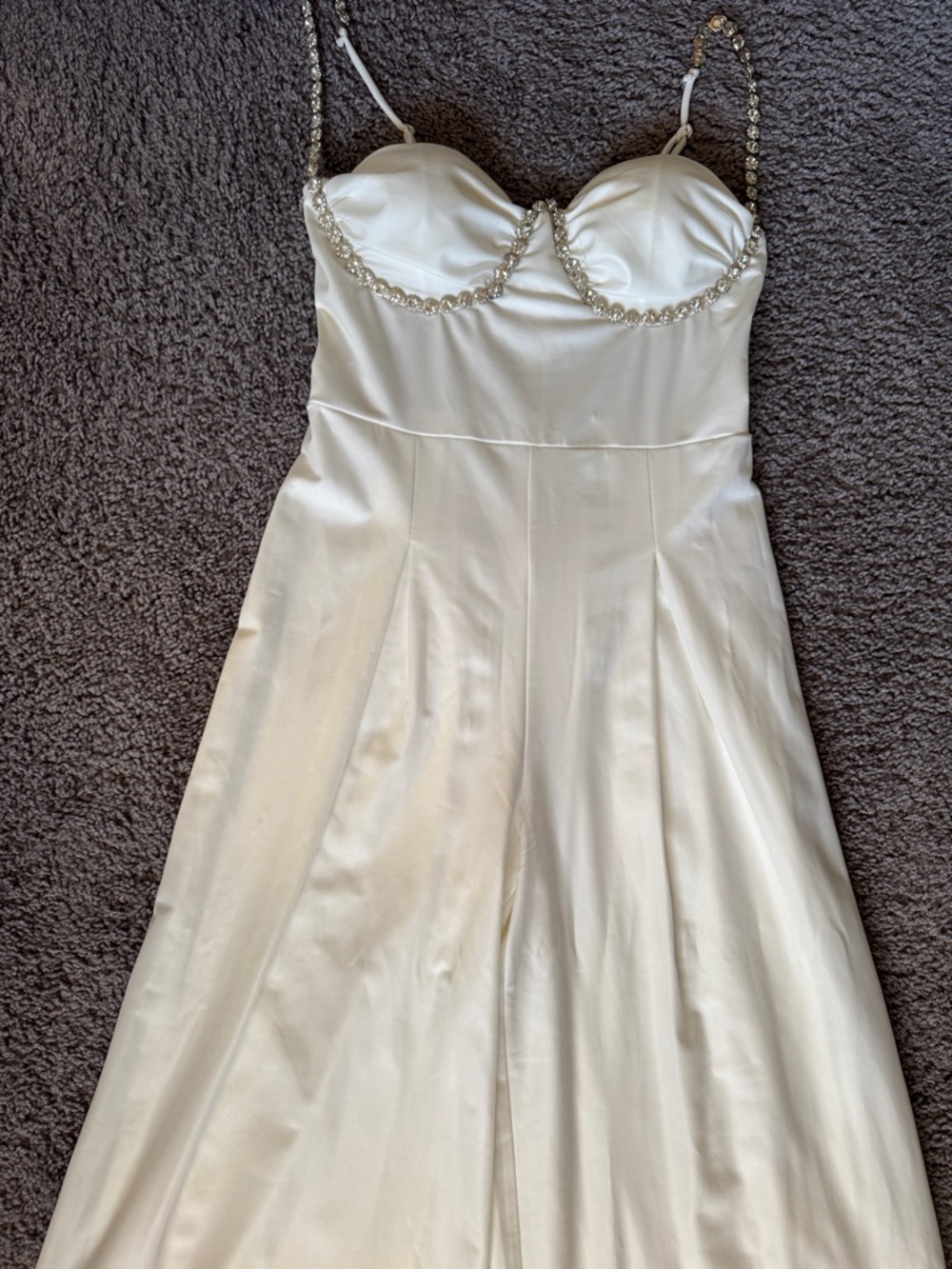 Fashion Nova Ivory Satin Strapless Gown with Beaded Chain